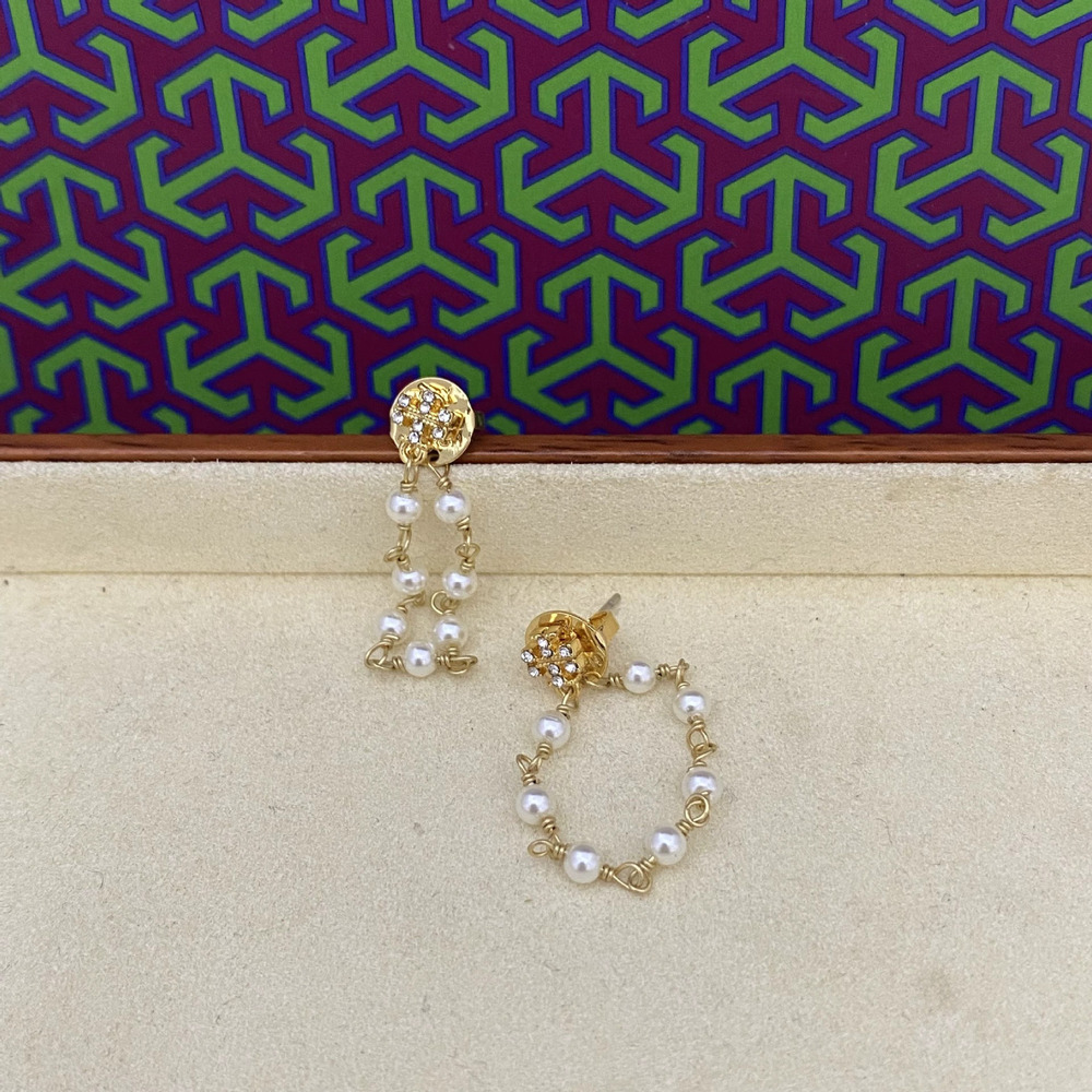 Tory Burch Letter Inlaid Rhinestone Pearl Earrings